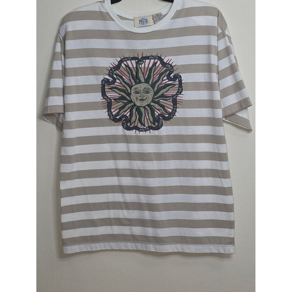 Pasta Brand Beige & White Striped Sun Graphic Tee